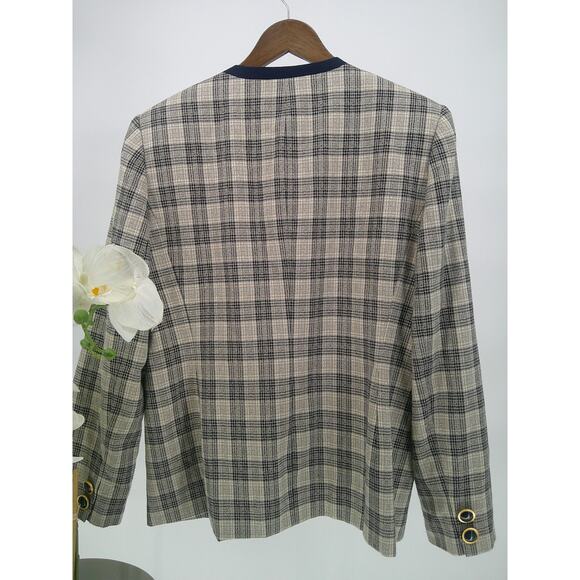 Vtg Executive Collection Womens Navy Beige Plaid 4 Button Lined Blazer Size 14 - Picture 3 of 8